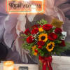 Fifteen red roses and half a dozen sunflowers. The mix is classic