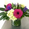 A stunning, garden-style arrangement presented in a clear glass cube vase, which