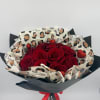 A bold bouquet of lush red roses wrapped in a chic leopard-print