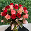 Pink and red long - stem roses arranged in a vase with