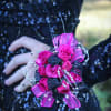 Hot pink spray roses with black glitter ribbon, hot pink sheer ribbon