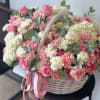 beautiful basket with dianthus, hydrangea and spray roses