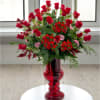 36 elegant long-stem red roses, pink and red dianthus in a grand