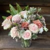 Lovely Open Light Pink Garden Roses with Terra Cotta Mums, White Stock