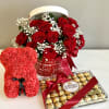 Gift set includes: Dozen fresh Rose arrangement in a box, Rose Bear
