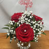 3 red roses , baby's breath , diamond pins and silver container