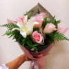 5 light pink roses individual wrapped with lily in this Asian style