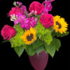 A cheerful mix of hot pink roses, hot pink stock, bright sunflowers