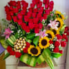 This beautiful arrangement comes with 60 roses, 6 sunflowers, 4 stems of