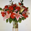 STUNING BOUQUET OF STARGAZER LILLIES, RED ROSES, RED SPRAY ROSES WITH FILLERS