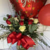 6 RED AND 6 WHITE ROSES, GREENS AND FILLER WITH A VALENTINES