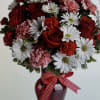 RED AND WHITE BOUQUET OF DAISIES, RED ROSES, PINK CARNATIONS, RED MINI