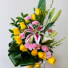 Arrangement with Yellow Roses, Lilis, carnations, foliage, green, ideal to surprise on