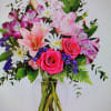 A mix of red roses, pink lilies, purple alstroemeria, white daisies, purple