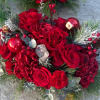 Artificial hydrangea, red roses, greenery,red berries, ornaments 