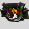 Red roses, sunflower,red carnation, white carnation, ruscus