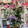 fresh Six lavender roses i clear vase 