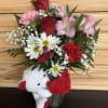 This romantic arrangement comes with roses, alstro, white daisies, carnations, and mini