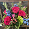 Mix of Full Monty roses, tulips, green hydrangeas and hypericum accented with