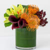 The arrangement is presented in a fish eye vase. It includes all
