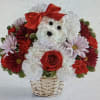 CUTE BASKET BOUQUET OF WHITE CARNATIONS, RED ROSES, RED FILLERS WITH GREENS