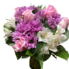 Pink roses, lavender daisies/mums, and white alstroemeria - pastel colors create a