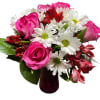 Hot pink roses, white mums/daisies, and red alstroemeria - a traditional Valentine's