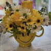 FOOD SAFE HAPPY FACED MUG FILLED WITH YELLOW ROSES, WHITE AND YELLOW