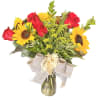 sunflowers, red roses, solidago 