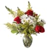 beautiful red roses, white daisies, solidago, and white snap dragons 