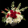 Low silver cube arrangement of hydrangeas, roses, tulips and delphinium!