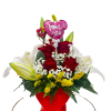 Beautiful table arrangement on a heart-shaped plastic base with a red rose