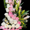 ONE FACE PINK AND WHITE ROSES WITH PINK LILIES 
