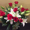 A Dozen Red Roses With Beautiful White Lilies. 