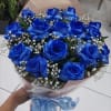Striking blue roses with delicate filler. Unique and unforgettable. Be unforgettable on