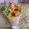 Pink Roses and Sunflowers with Alstroemeria, Eucalyptus, Solidago, and Baby Breath in
