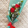 2 Red Roses with Eucalyptus in a wrapped small bouquet. Paper color