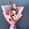 Wrapped Bouquet of Gerberas, Roses, and Mini Carnations with Baby Breath Accents.