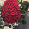 Large bouquet of 100 stems of beautiful LONG STEM red roses. Vase