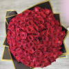 50 premium red roses, wrapped in a gold and black paper.