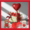 A charming gift set featuring floral arrangement, a balloon, and a cute