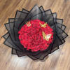 Bouquet of 75 red roses, mini metal wreath, two golden butterflies, black