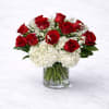 Romance in a classic glass vase. A dozen Freedom roses, delicate gypsophila