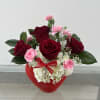 Red heart Vase with Red Roses, Mini carns and White Hydrangea and