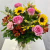 Sweet pink Rose, Sunflowers, pink Carnations, orange Alstroemeria, and yellow filler flowers