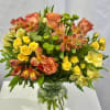 Vibrant Bouquet with orange Roses, yellow Alstroemeria, yellow Spray Roses, green Button