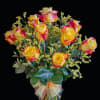 One Dozen Stunning Yellow Roses tinged with red and accented with limonium