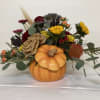 Ceramic pumpkin with a flower patch of roses, spray roses, sunflowers, Gerbera
