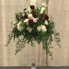 White hydrangea, pink and burgundy roses, white button daisies, white gladiolas, Gerber