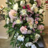 White Spider Mums, hot pink and light pink asters, rice flowers, and
